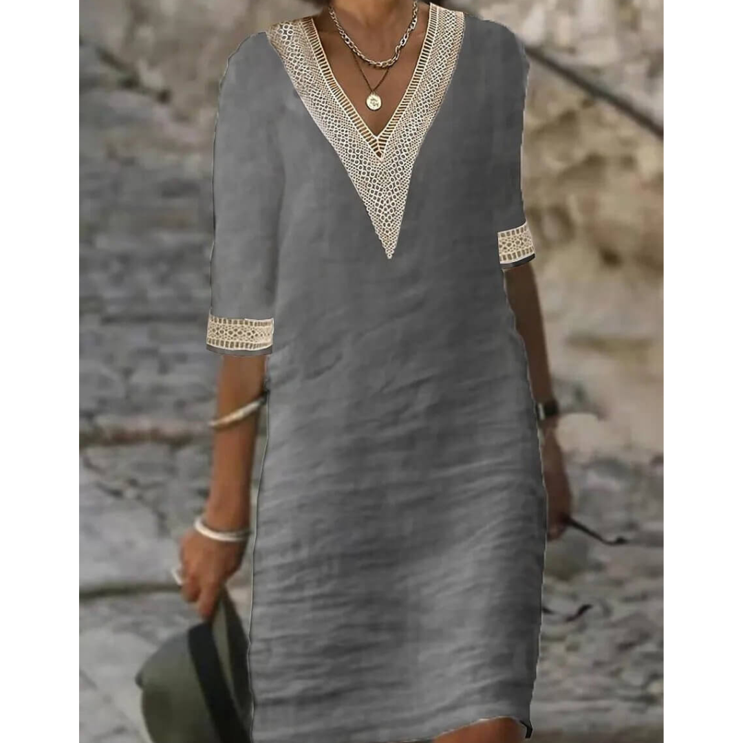 Linen Shift Dress | Embroidered V-Neck & Sleeves | Relaxed Knee-Length Fit