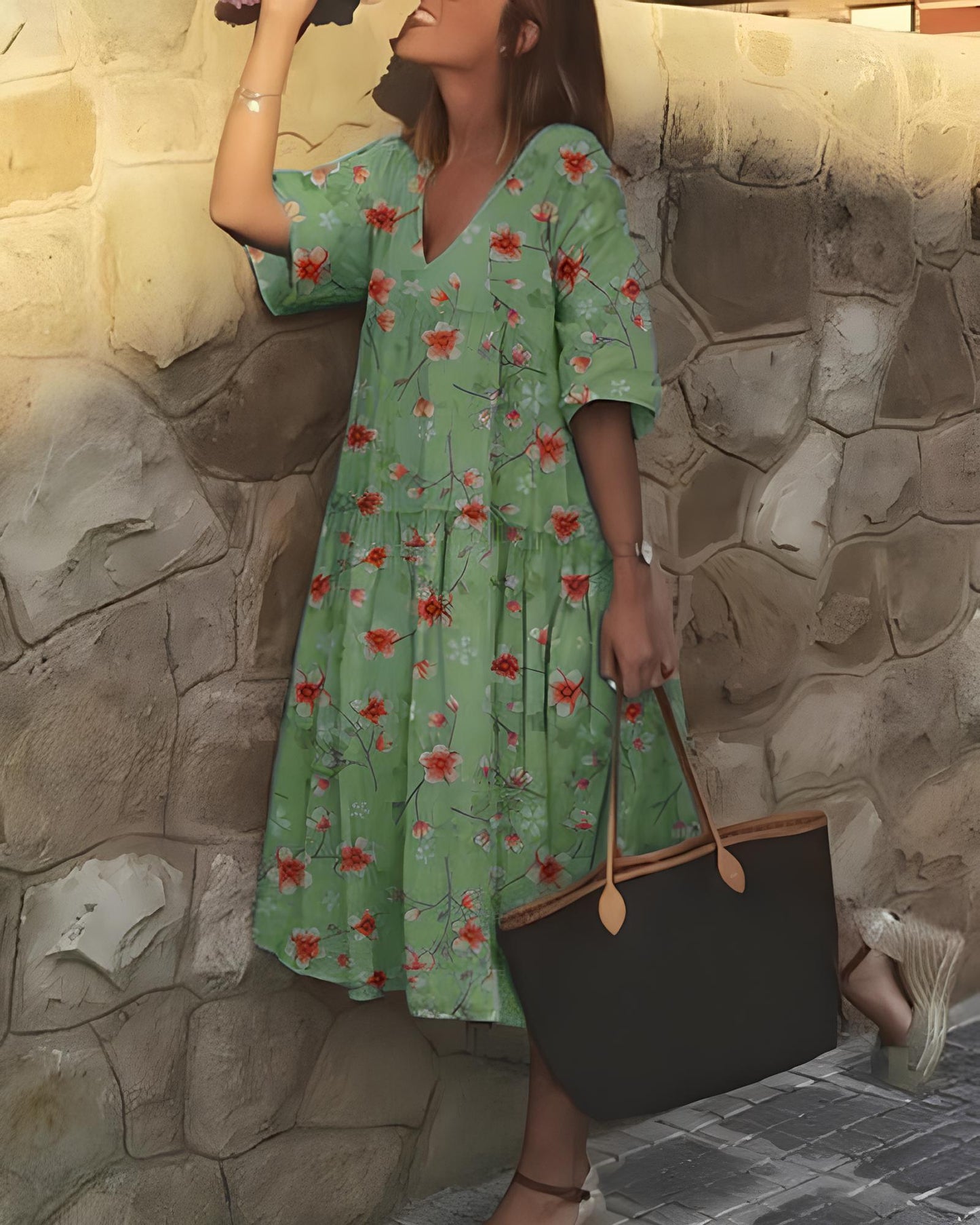 Floral Tiered Midi Dress | V-Neckline | Relaxed Cotton Blend