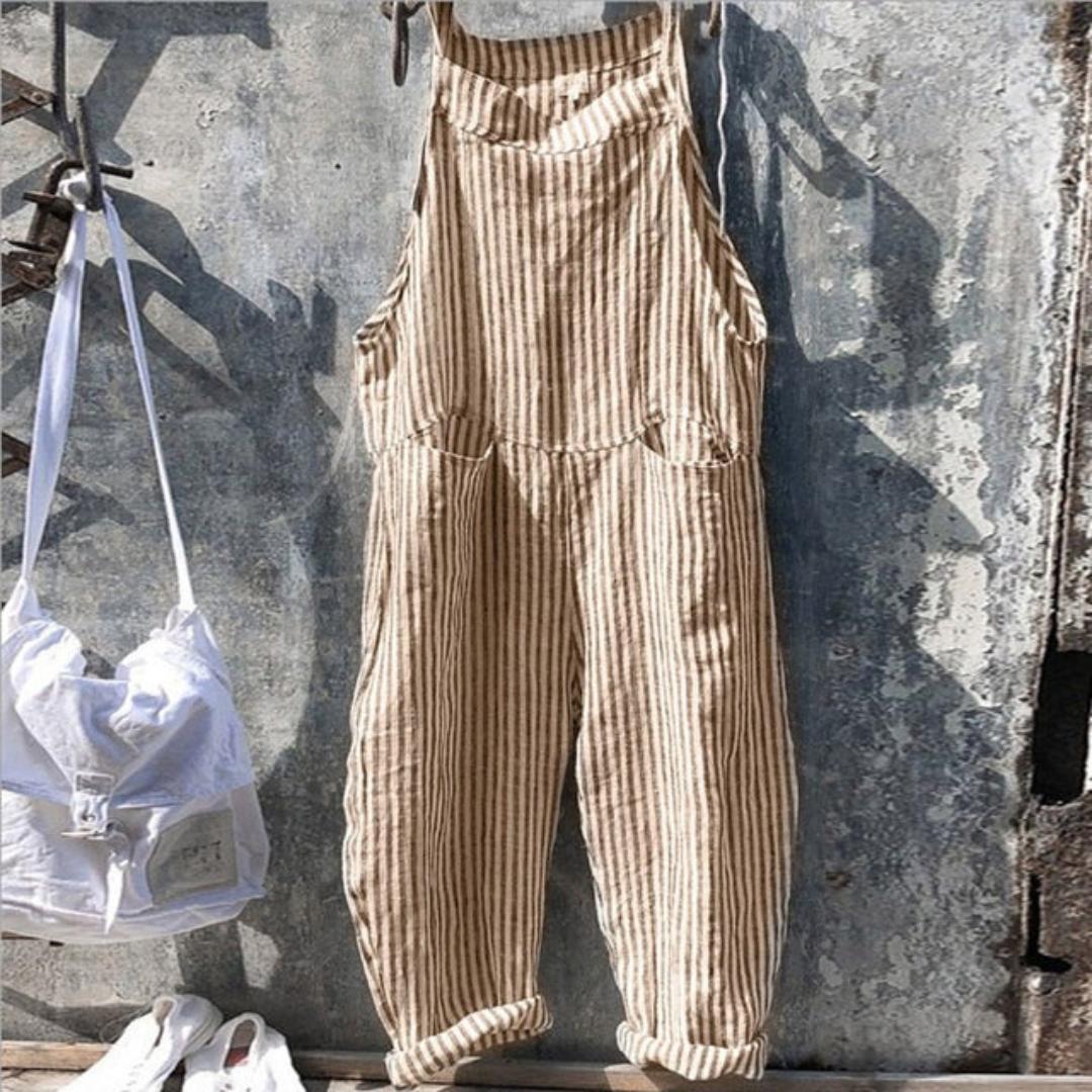 Relaxed Linen Overalls | Striped Cropped Fit | Casual Summer Layer