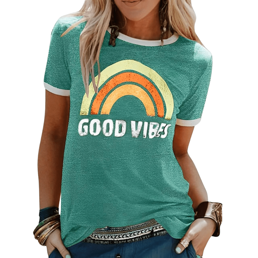 "Good Vibes" Graphic Tee | Retro Rainbow Print | Contrast Trim Detail