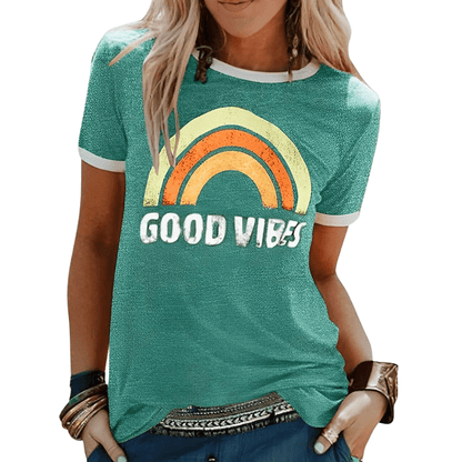 "Good Vibes" Graphic Tee | Retro Rainbow Print | Contrast Trim Detail
