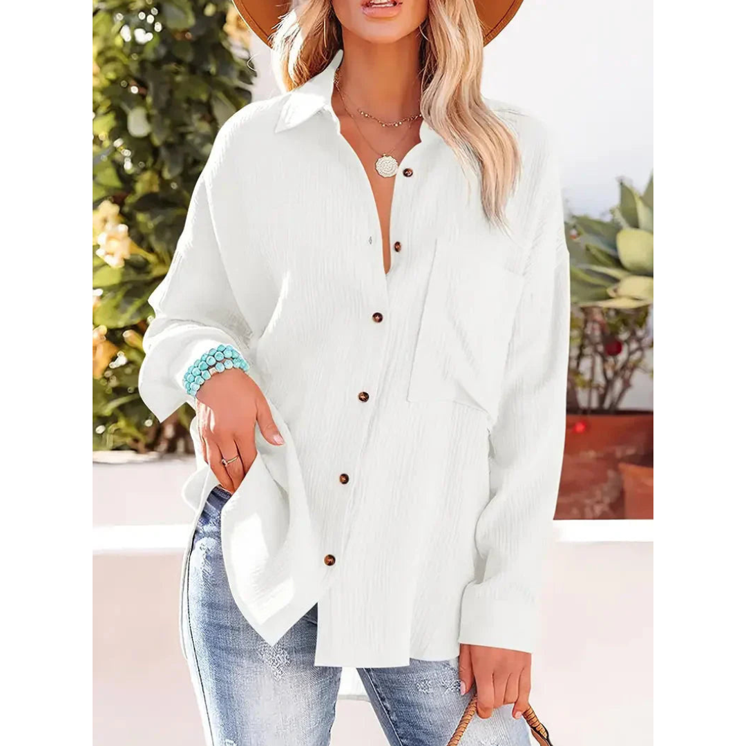 Textured Button-Up Shirt | Relaxed Fit with Chest Pocket | Lightweight Casual Blouse