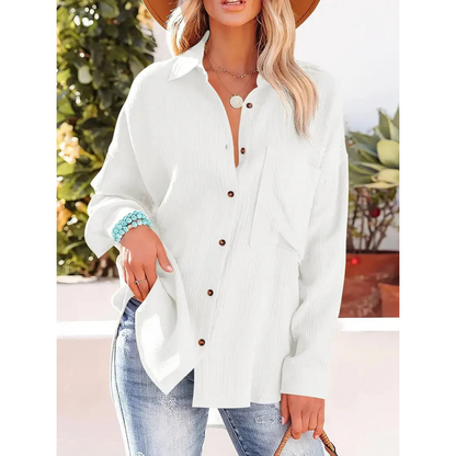 Textured Button-Up Shirt | Relaxed Fit with Chest Pocket | Lightweight Casual Blouse