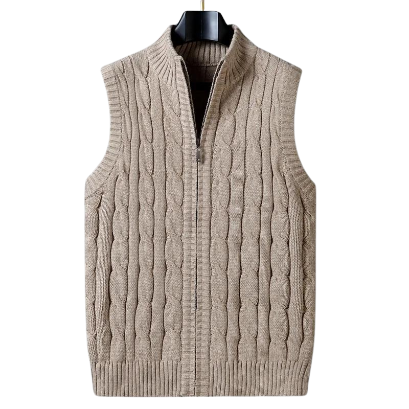 Men’s Cable Knit Sweater Vest | Full-Zip Front | Soft Wool Blend Layer