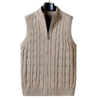 Men’s Cable Knit Sweater Vest | Full-Zip Front | Soft Wool Blend Layer