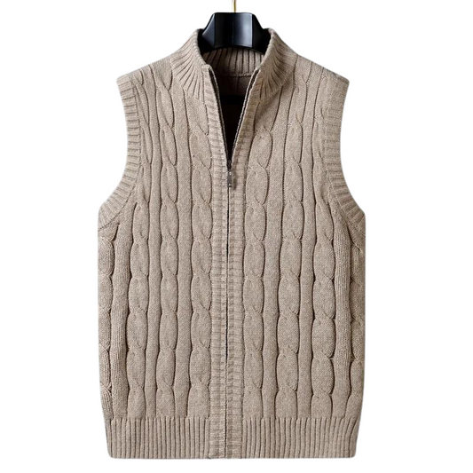 Men’s Cable Knit Sweater Vest | Full-Zip Front | Soft Wool Blend Layer