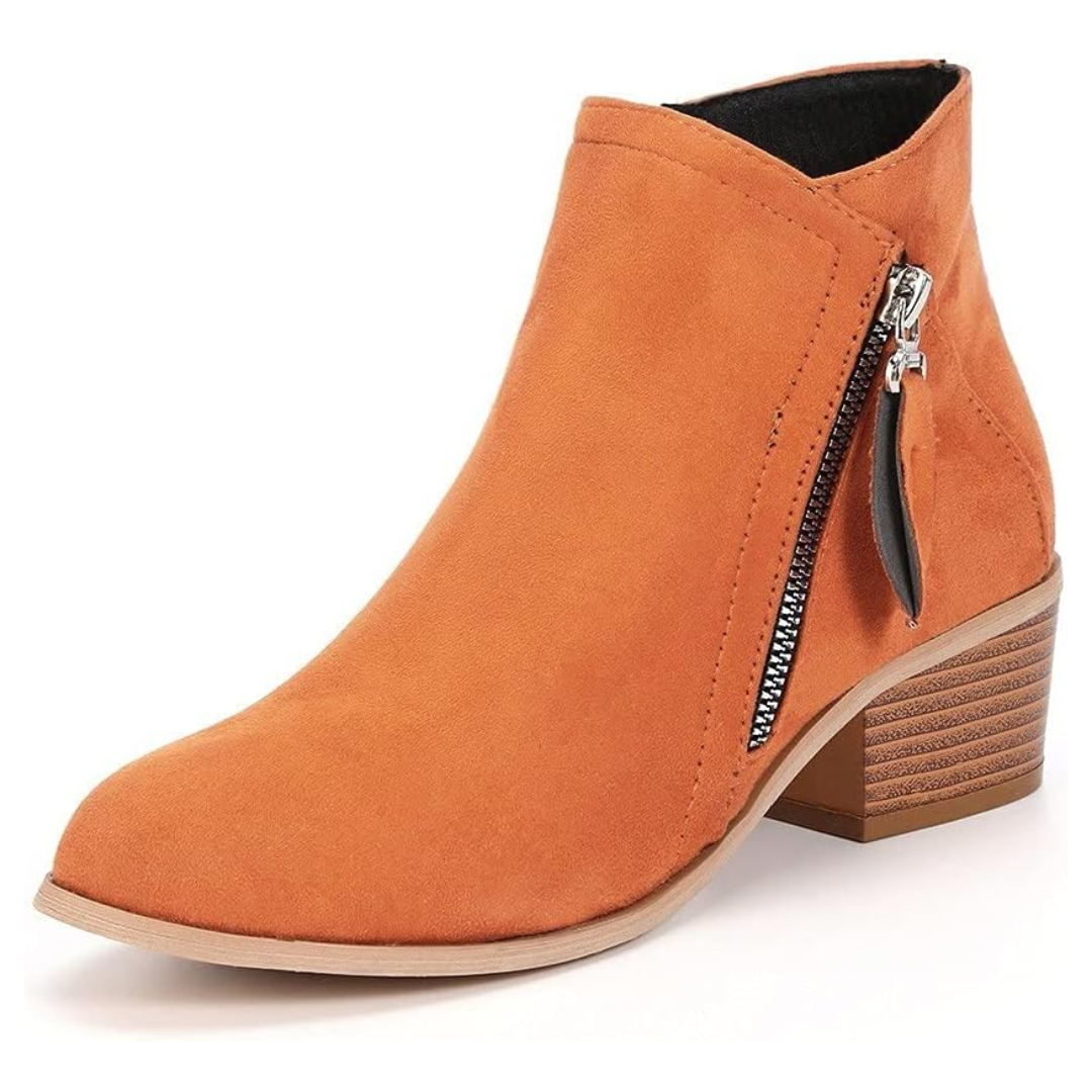 Suede Ankle Booties | Low Block Heel | Side Zip Casual Boots