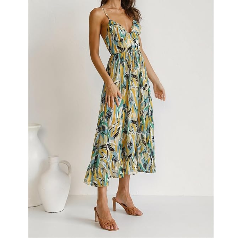 Tropical Print Midi Dress | Lightweight Ruffle Hem | Adjustable Straps