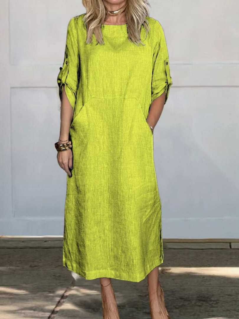 Relaxed Linen Midi Dress | Roll-Up Sleeves with Pockets | Minimalist Everyday Style