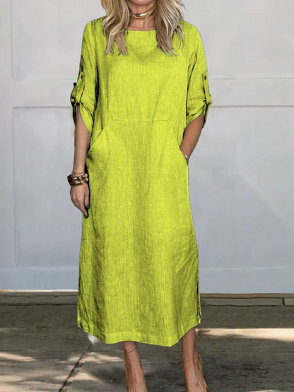 Relaxed Linen Midi Dress | Roll-Up Sleeves with Pockets | Minimalist Everyday Style