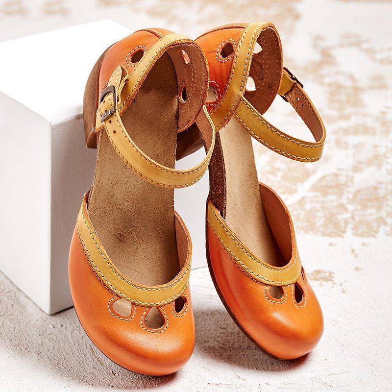 Retro Mary Jane Block Heels | Cut-Out Strap Design with Low Wooden Heel