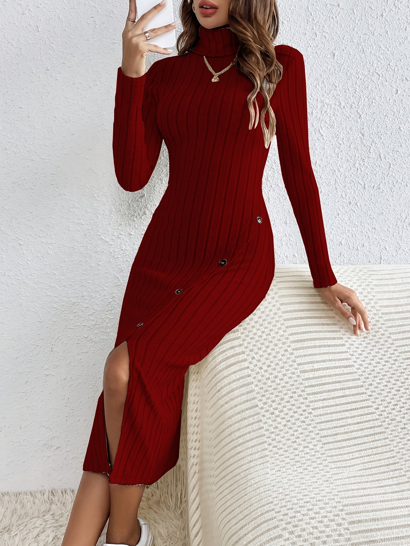 Ribbed Knit Maxi Dress | Elegant Side Slit | Soft Stretch Fabric | Winter to Spring Style