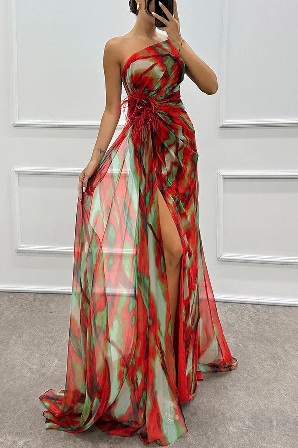 Watercolour Chiffon Gown dress | One-Shoulder Design & Side Slit | Bold Abstract Print