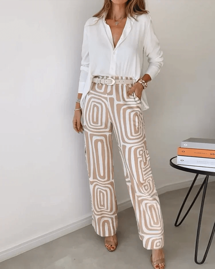 Geometric Print Wide-Leg Pants Set | Stretch Comfort | Casual-Chic Look