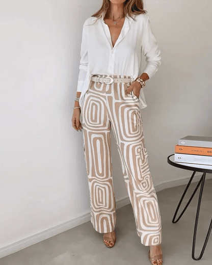 Geometric Print Wide-Leg Pants Set | Stretch Comfort | Casual-Chic Look