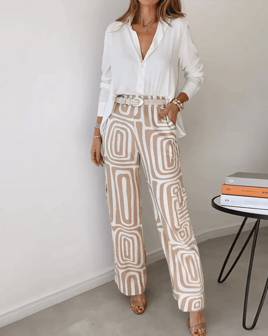 Geometric Print Wide-Leg Pants Set | Stretch Comfort | Casual-Chic Look