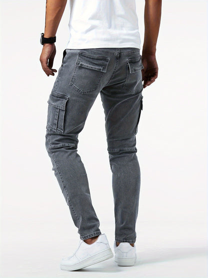 Men’s Denim Cargo Jeans | Utility Streetwear Pants | Tapered Fit