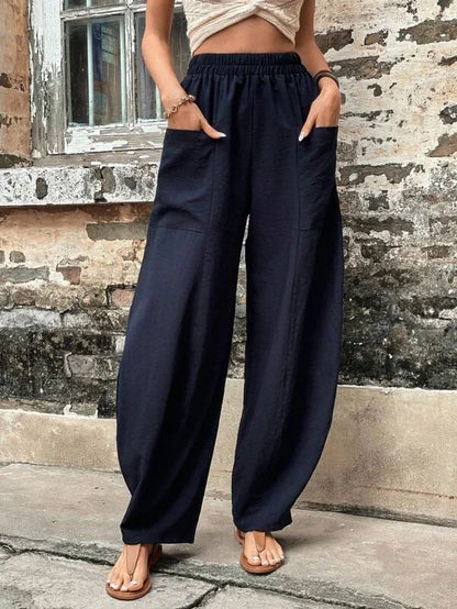 High-Waisted Wide-Leg Pants | Lightweight Linen Blend | Elastic Waist & Pockets