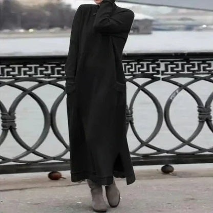 High-Neck Knit Midi Dress | Soft Ribbed Texture with Side Slits and Pockets