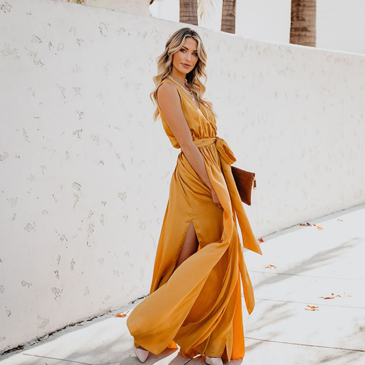 Satin Wrap Maxi Dress | Sleeveless Evening Gown | Side Slit Detail