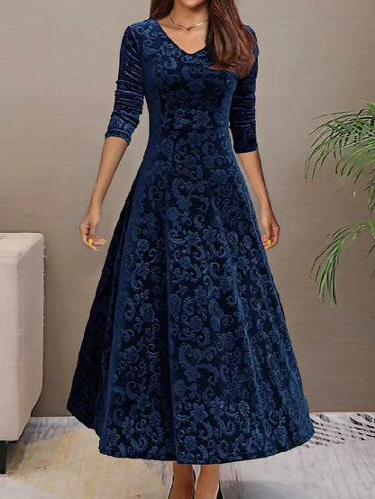 Velvet A-Line Evening Dress | Long Sleeve | Embossed Pattern