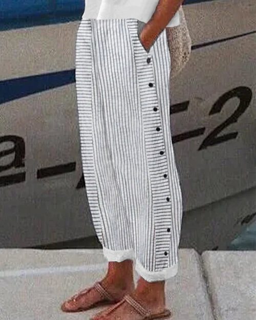 Striped Button Detail Pants | Cropped Hem | Relaxed Everyday Fit