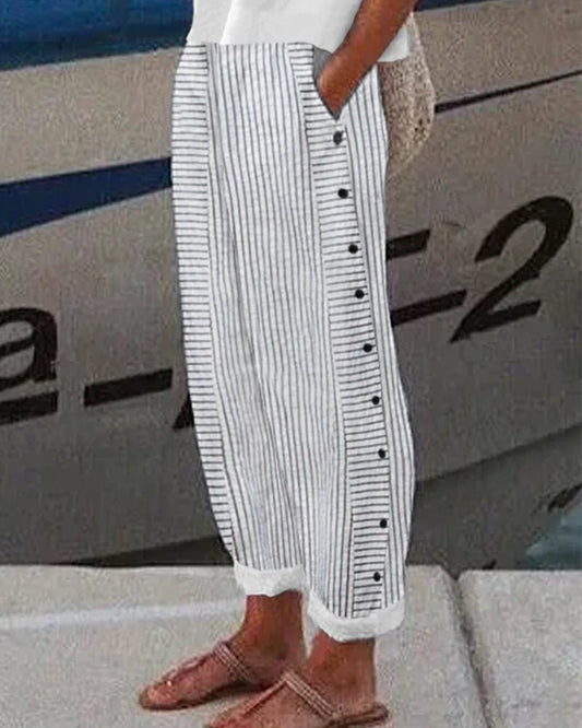 Striped Button Detail Pants | Cropped Hem | Relaxed Everyday Fit