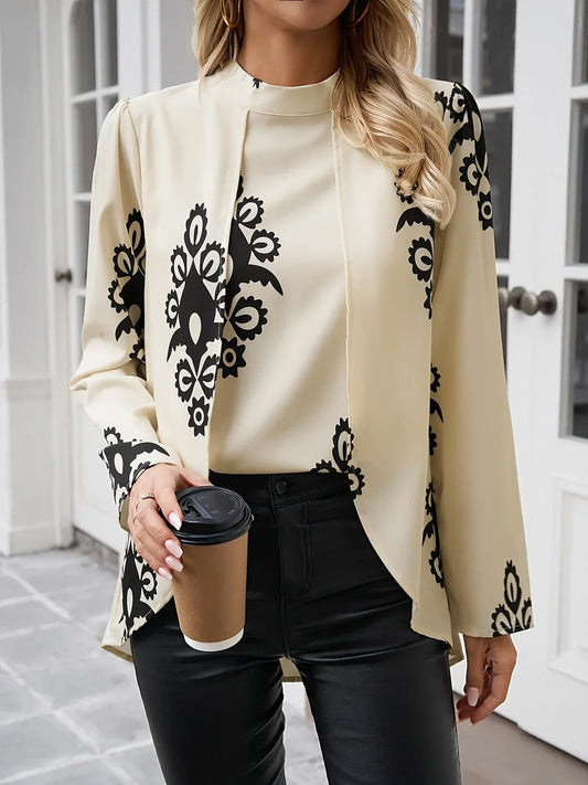 Printed Satin Blouse | Relaxed Fit | High Neck with Back Keyhole