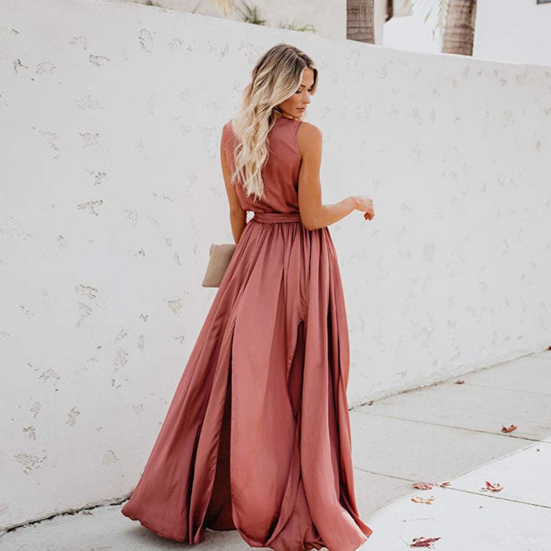 Satin Wrap Maxi Dress | Sleeveless Evening Gown | Side Slit Detail