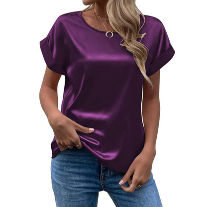 Short-Sleeve Satin Blouse | Relaxed Fit with Rolled Sleeves | Casual Chic Top