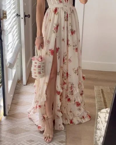 Floral Corset Maxi Dress | Spaghetti Straps | Front Slit Detail