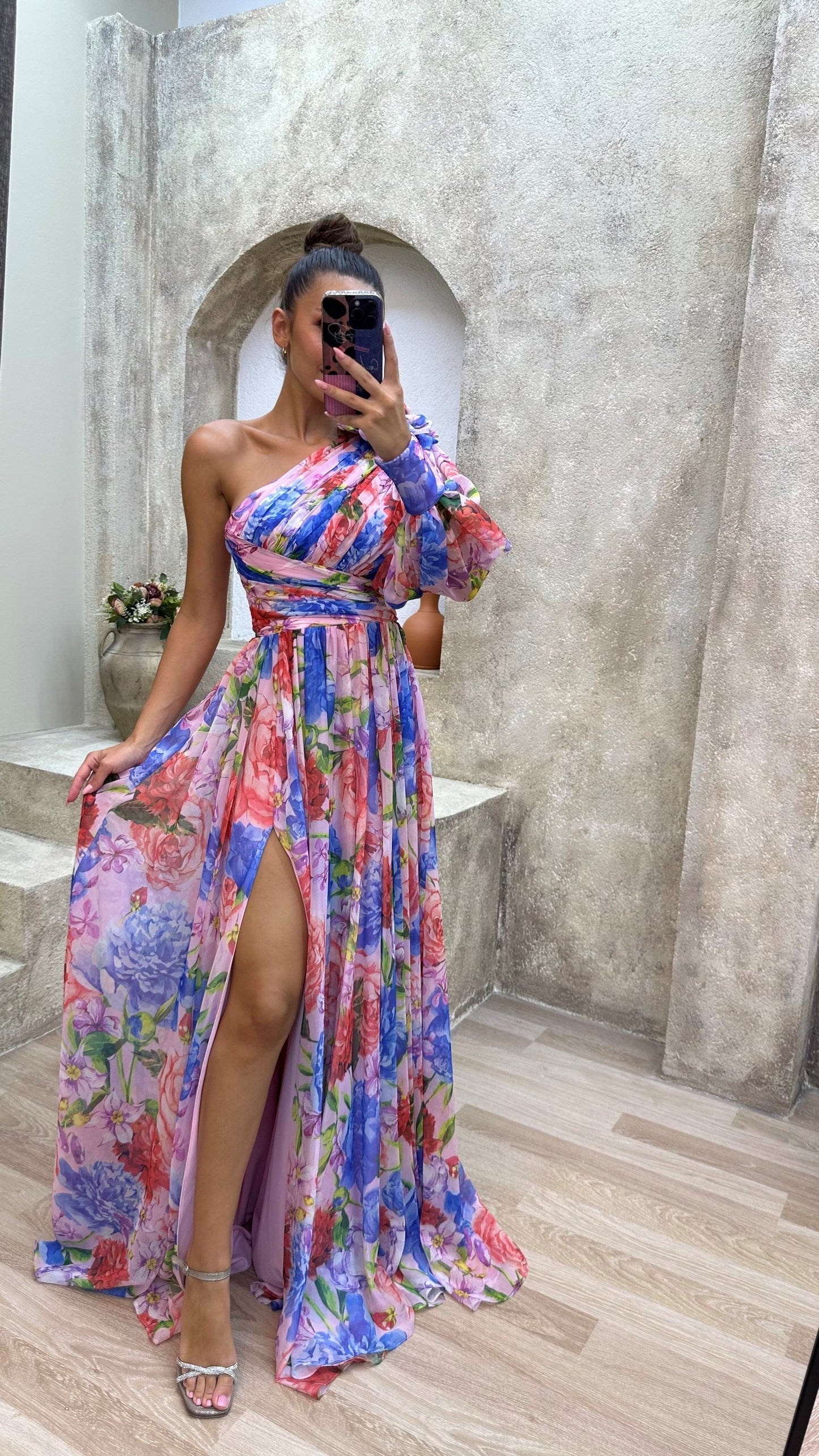 One-Shoulder Floral Gown | High-Slit Chiffon Maxi Dress | Ruched Waist & Draped Sleeve