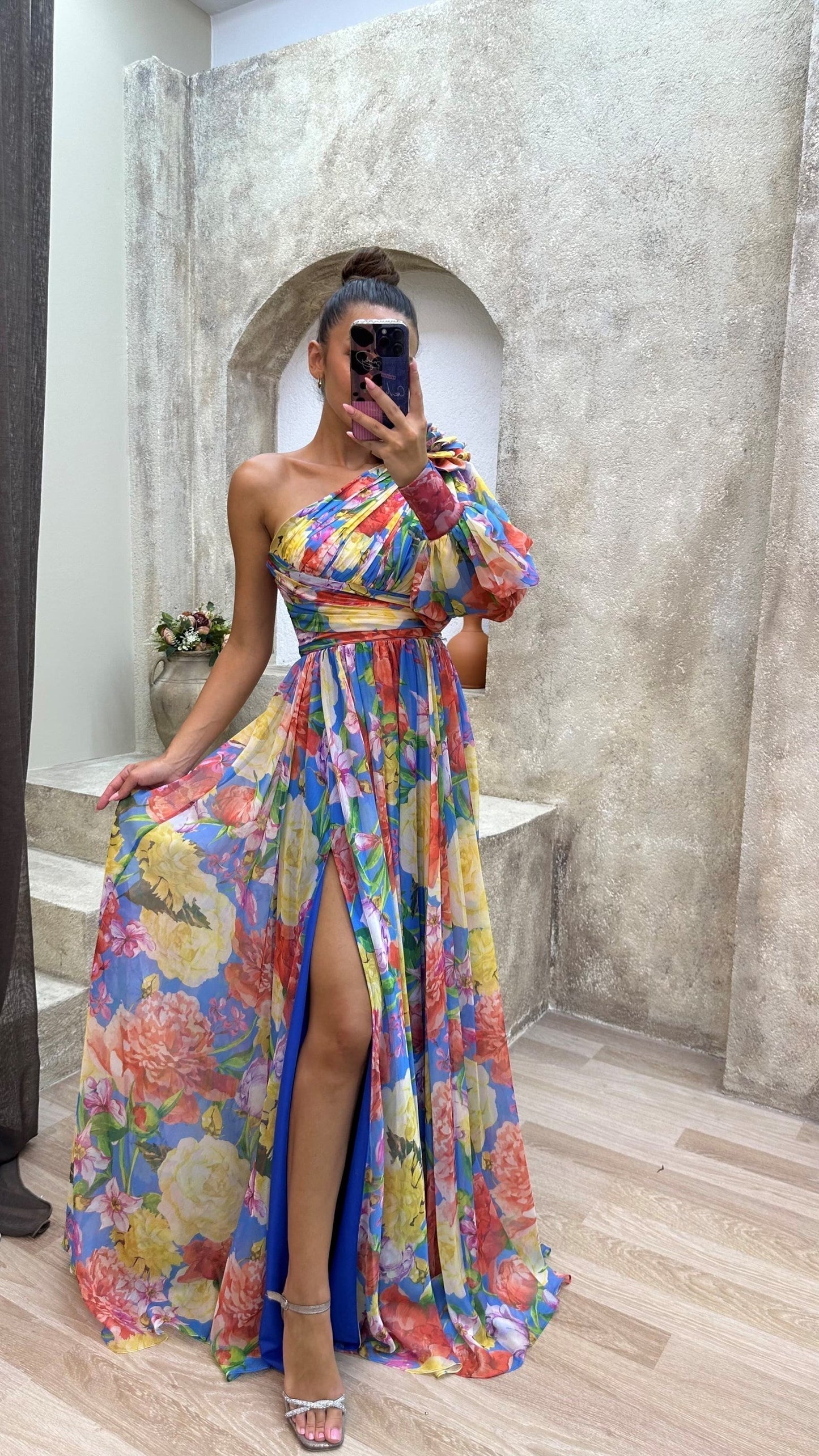 One-Shoulder Floral Gown | High-Slit Chiffon Maxi Dress | Ruched Waist & Draped Sleeve