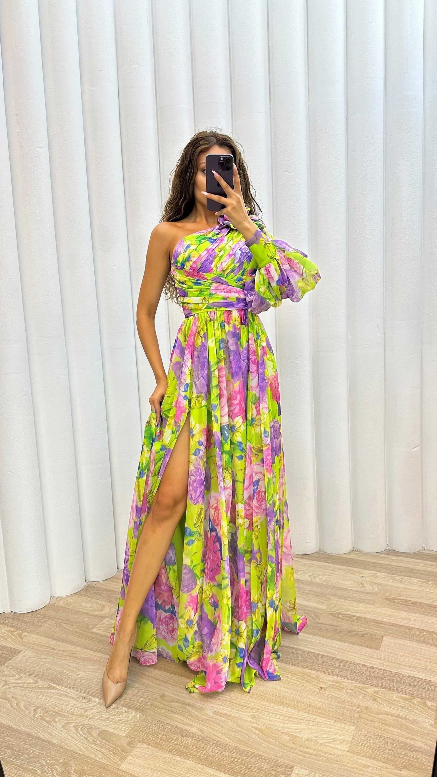 One-Shoulder Floral Gown | High-Slit Chiffon Maxi Dress | Ruched Waist & Draped Sleeve