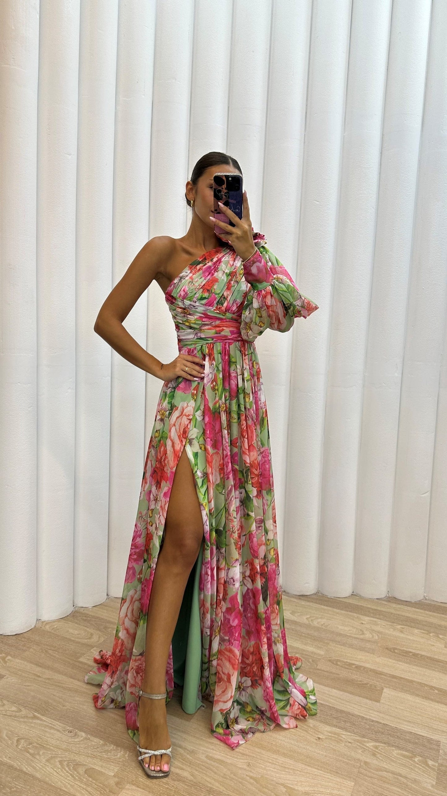 One-Shoulder Floral Gown | High-Slit Chiffon Maxi Dress | Ruched Waist & Draped Sleeve