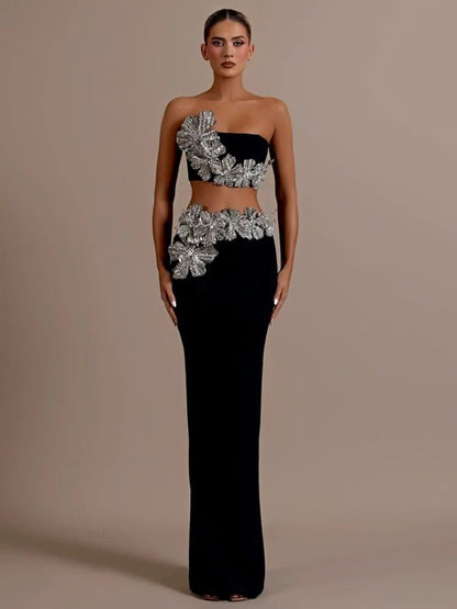One-Shoulder Embellished Evening Gown | Floral Appliqué Detail | Elegant Formal Dress