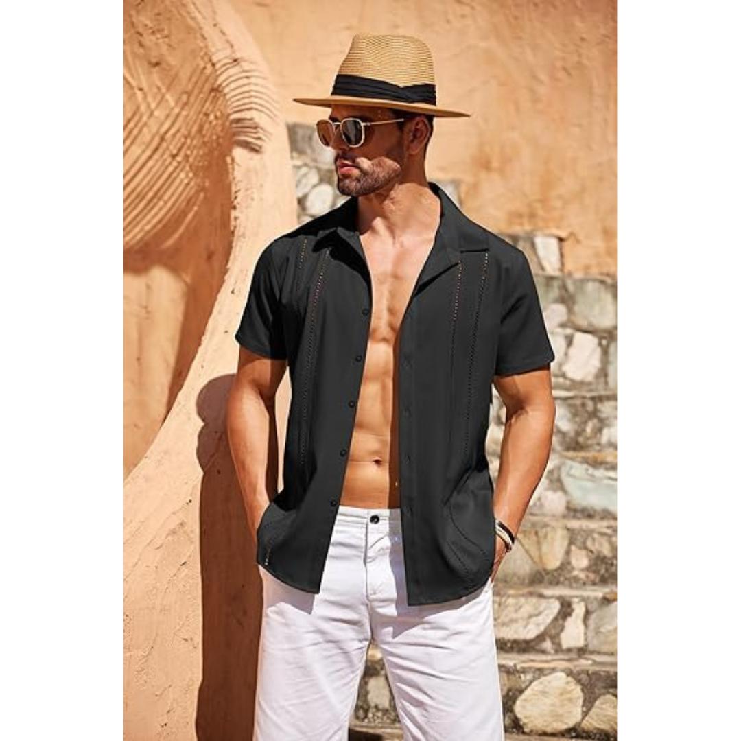 Men's Cuban Collar Shirt | Embroidered Detail | Lightweight Short Sleeve