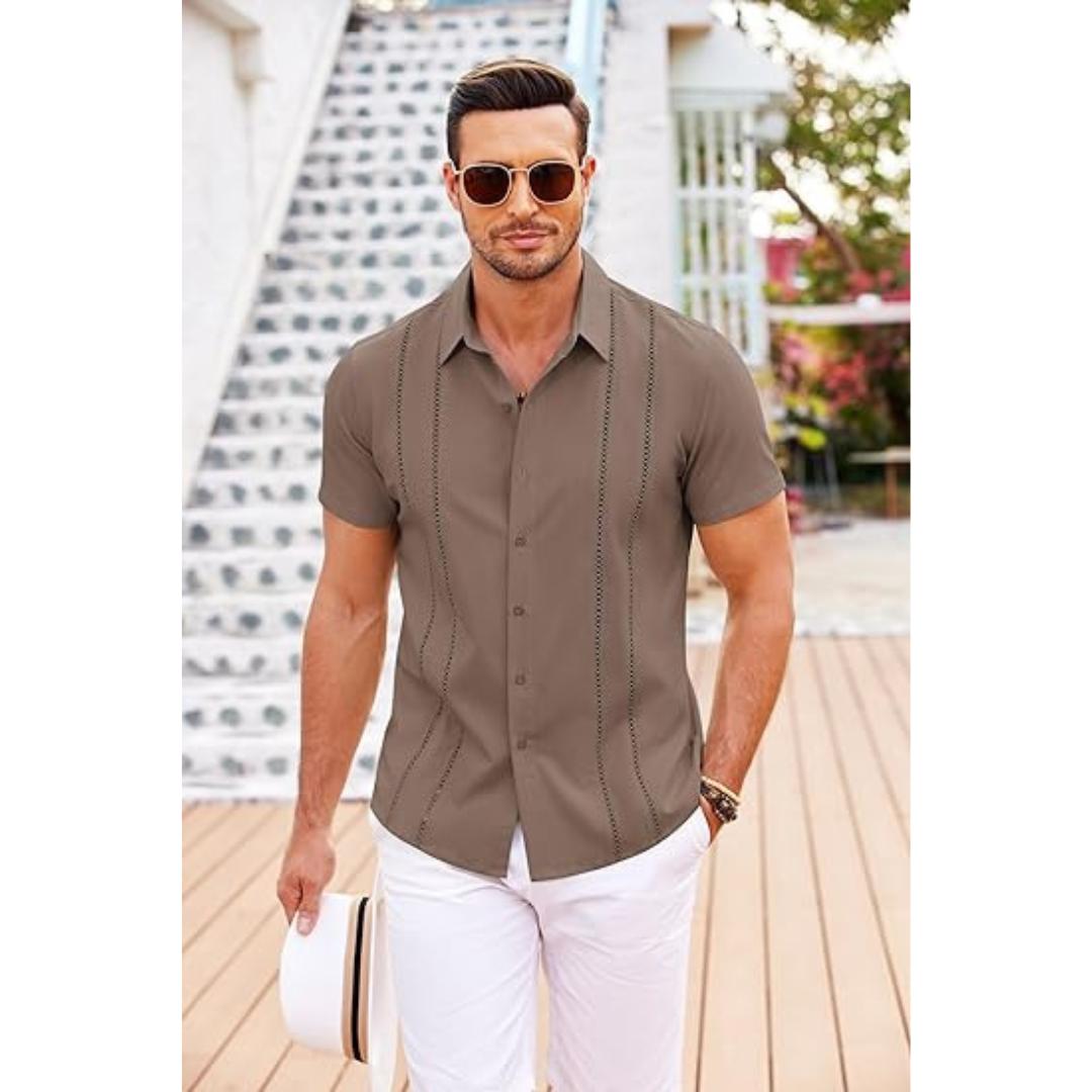 Men's Cuban Collar Shirt | Embroidered Detail | Lightweight Short Sleeve