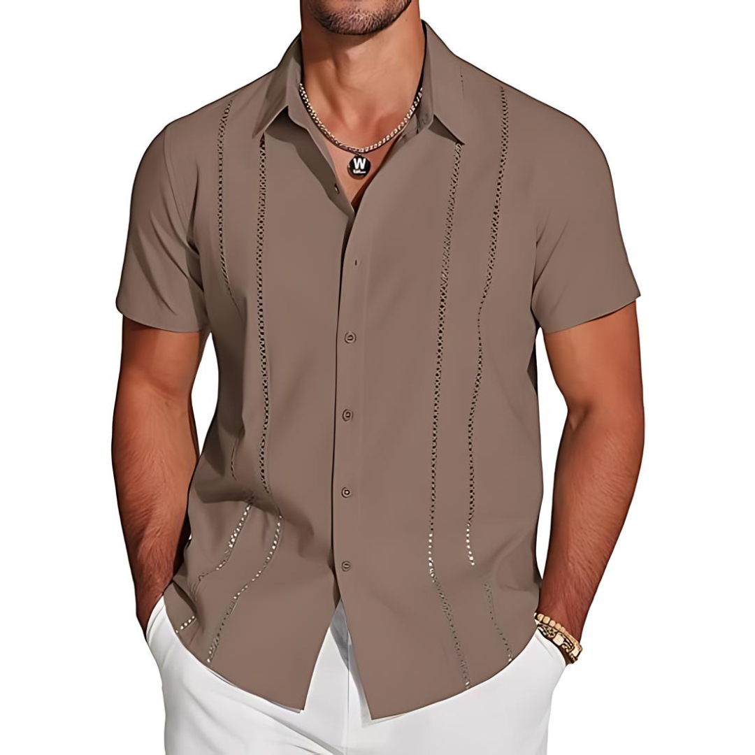 Men's Cuban Collar Shirt | Embroidered Detail | Lightweight Short Sleeve