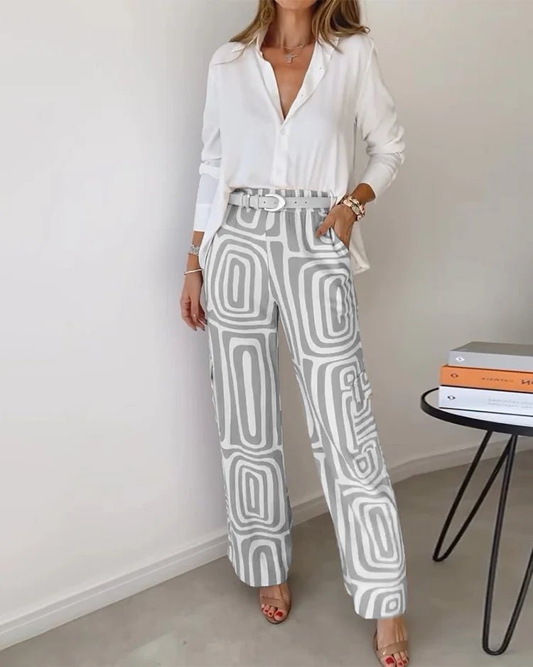 Geometric Print Wide-Leg Pants Set | Stretch Comfort | Casual-Chic Look