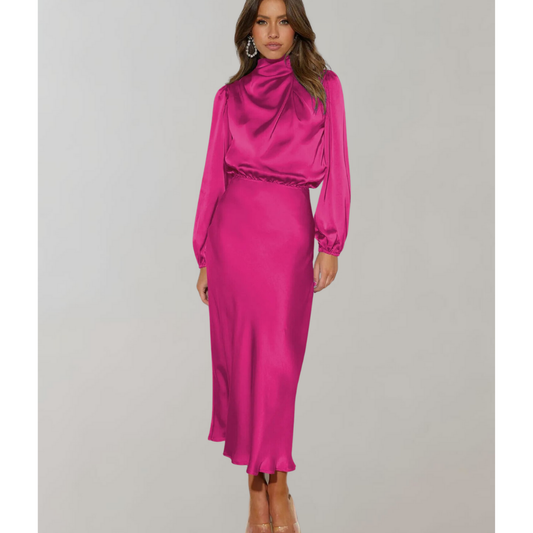 Satin Drape-Neck Midi Dress | Long Sleeve | Elegant Formal Silhouette