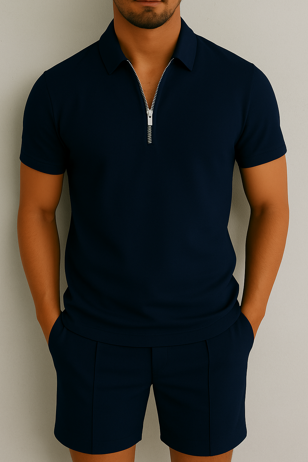 Men’s Zip Polo Knit Set | Textured Short-Sleeve Top & Lounge Shorts