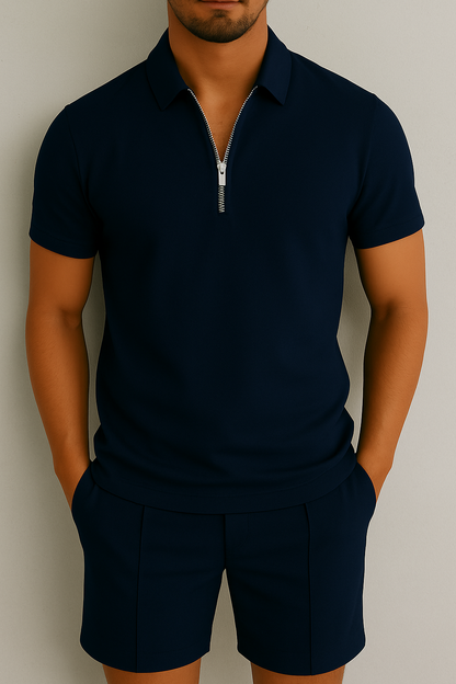 Men’s Zip Polo Knit Set | Textured Short-Sleeve Top & Lounge Shorts
