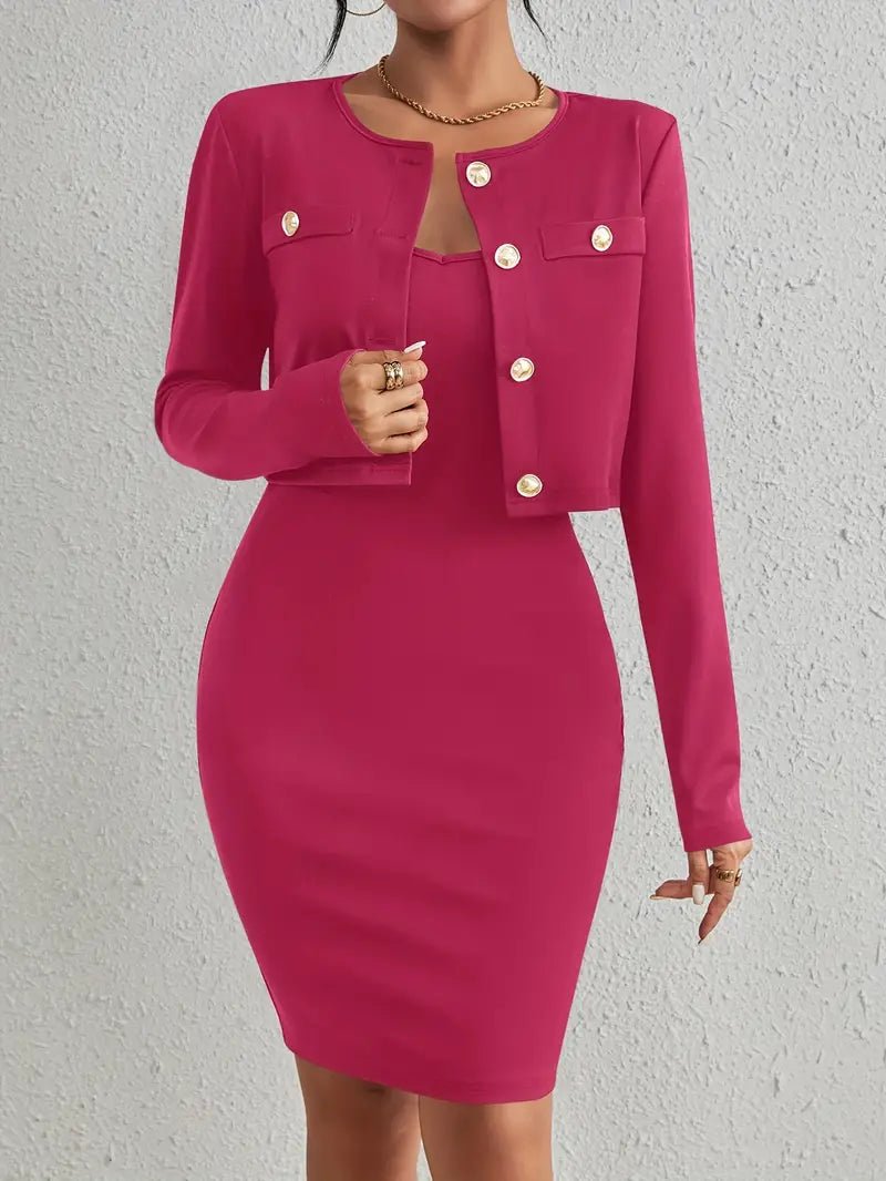 Two-Piece Bodycon Dress Set | Gold Button Detail | Long Sleeve Jacket | Elegant Office Wear
