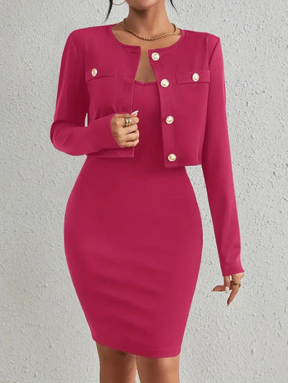 Two-Piece Bodycon Dress Set | Gold Button Detail | Long Sleeve Jacket | Elegant Office Wear
