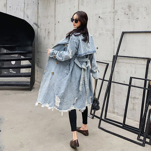 Distressed Oversized Denim Jacket | Fringe Hem | Edgy Streetwear | Casual Outerwear