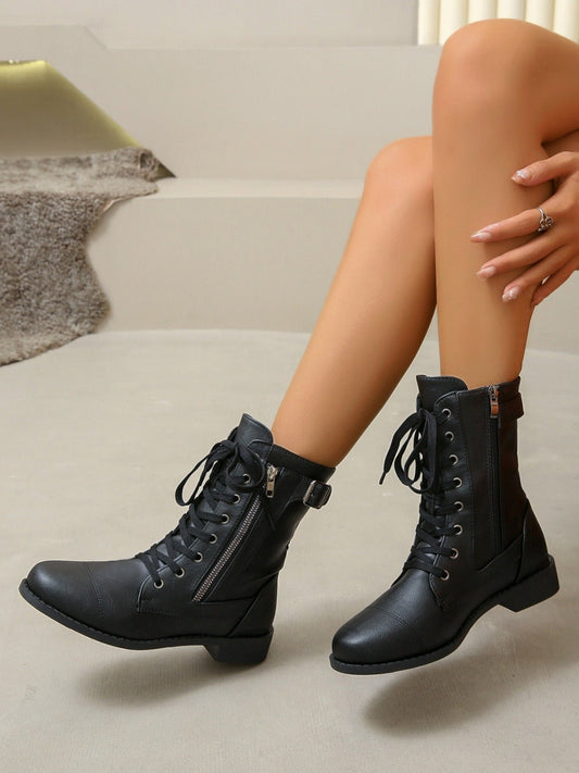 Lace-Up Combat Boots | PU Leather | Low Heel | Everyday Comfort