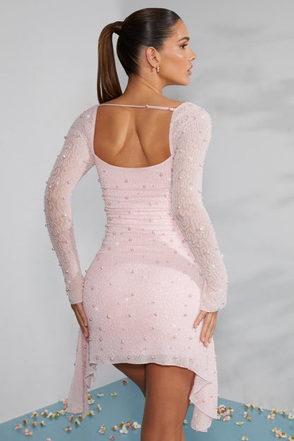 Pearl Embellished Mesh Mini Dress | Sheer Sleeves | Square Neck