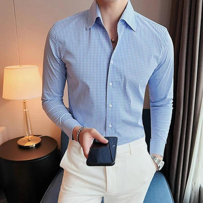 Men’s Checkered Slim-Fit Button-Up Shirt | Long Sleeve Casual Workwear | Classic Pattern