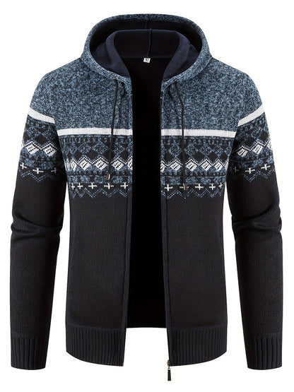 Men’s Zip-Front Knit Hoodie Jacket | Nordic Pattern | Casual Cold-Weather Layer
